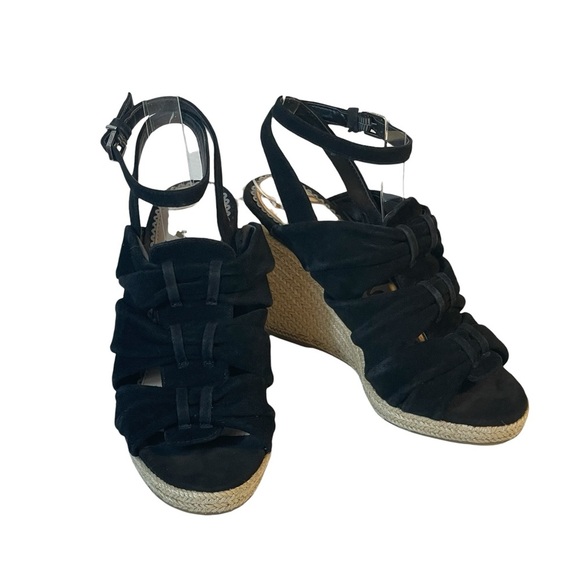 Sam Edelman Sz 5.5 Black Suede Wedge Espadrille Ankle Strap Sandal Heel - Picture 1 of 9